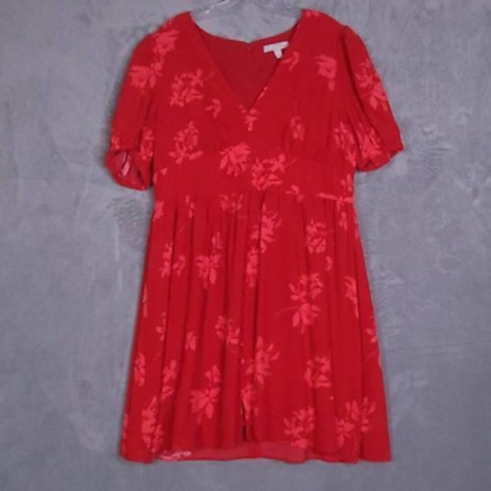 Chelsea28 Womens A Line‎ Dress Red Floral Print V Neck Short Sleeve L New